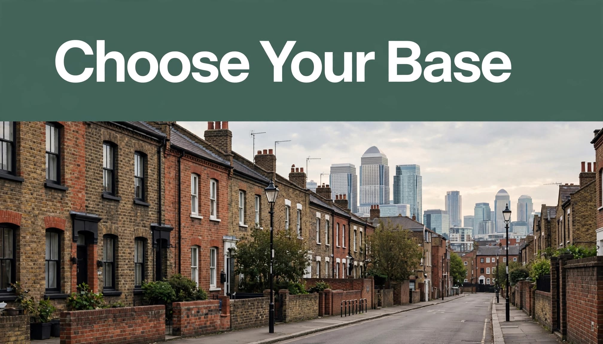 Quiet Limehouse street with brick terraces and Docklands buildings in the distance.