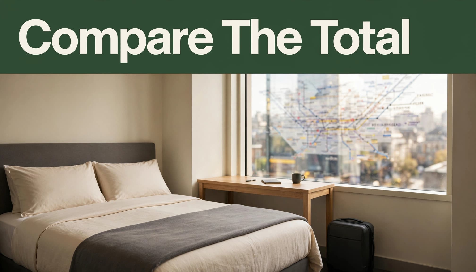 Compact hotel room with a double bed, suitcase, desk, and blurred transit map outside.