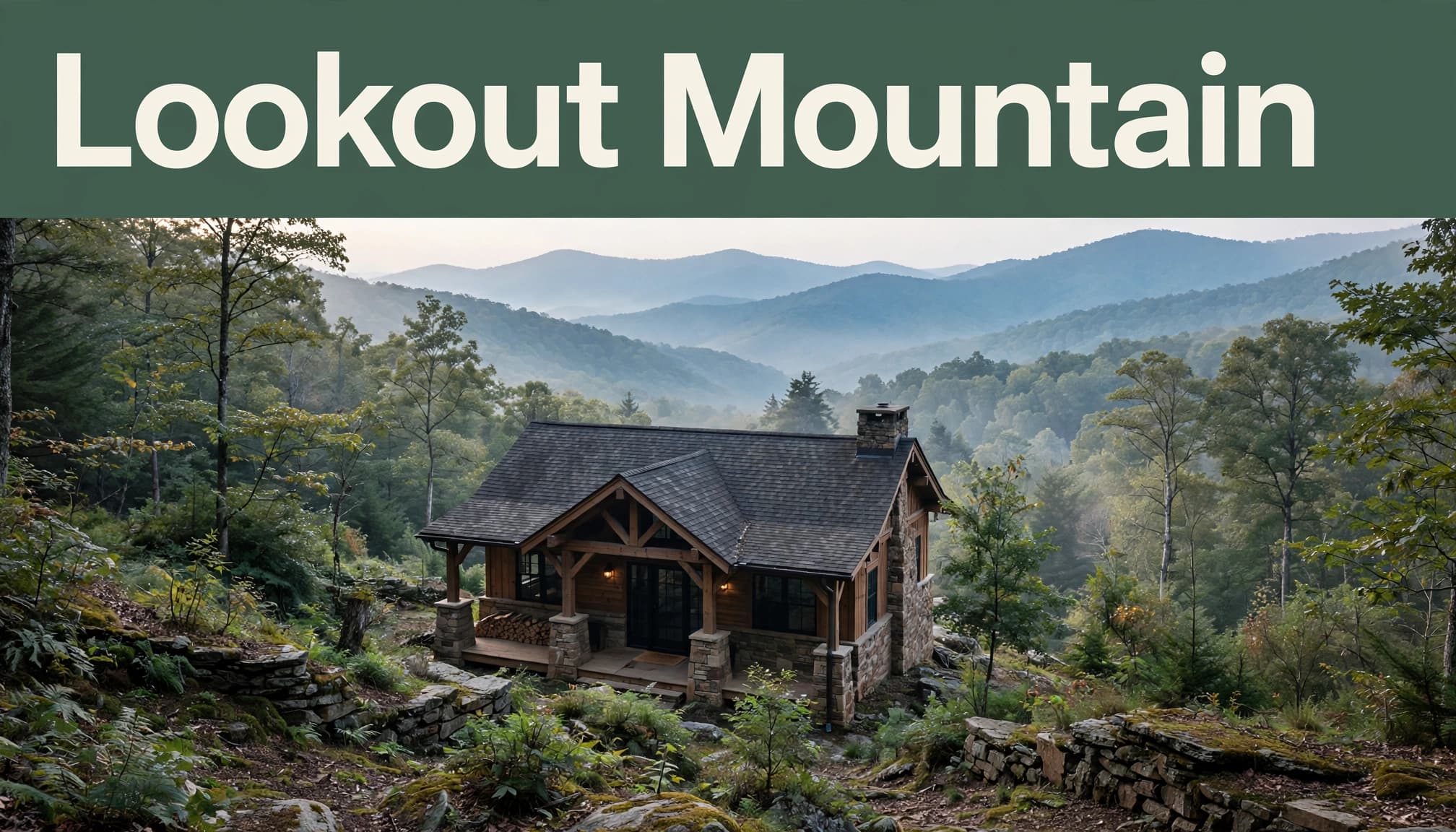 A stone lodge among wooded slopes with blue mountain ridges beyond.