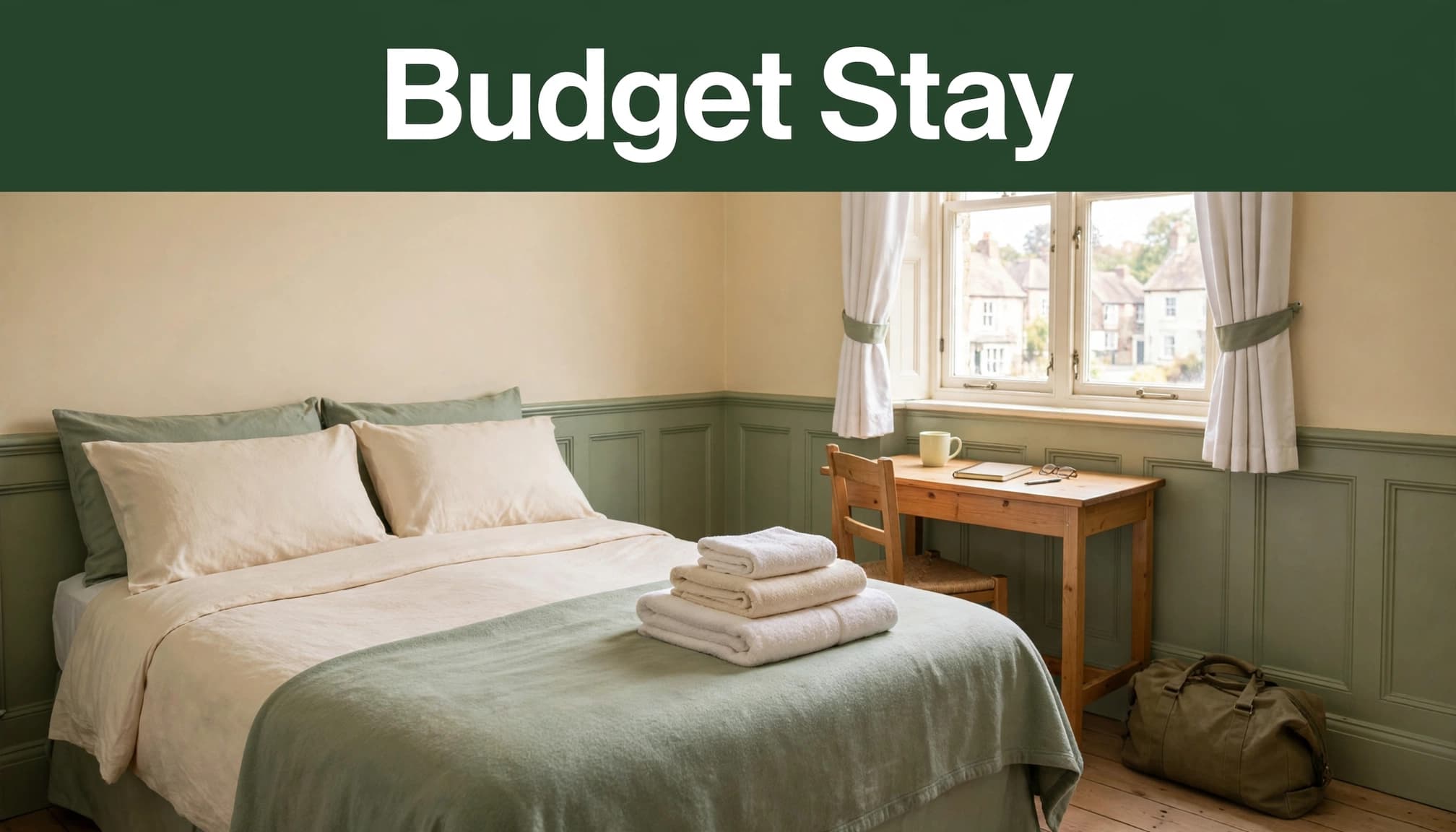 A modest hotel room with a double bed, desk, towels, and travel bag.