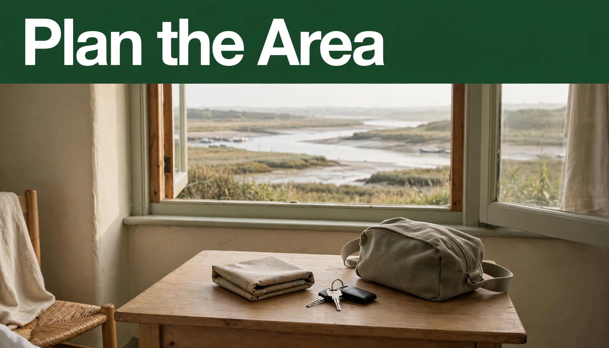A road map, car keys, and overnight bag sit beside a window.