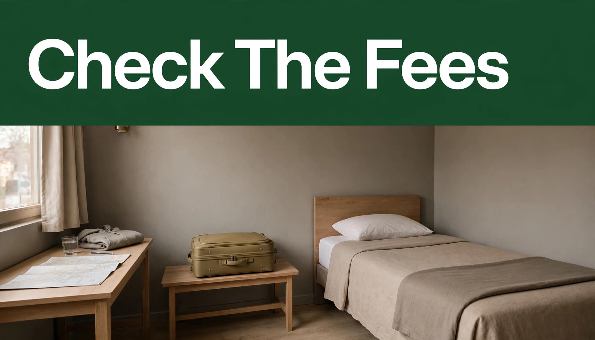 Packed suitcase, bed, desk, and travel map in a tidy hotel room.