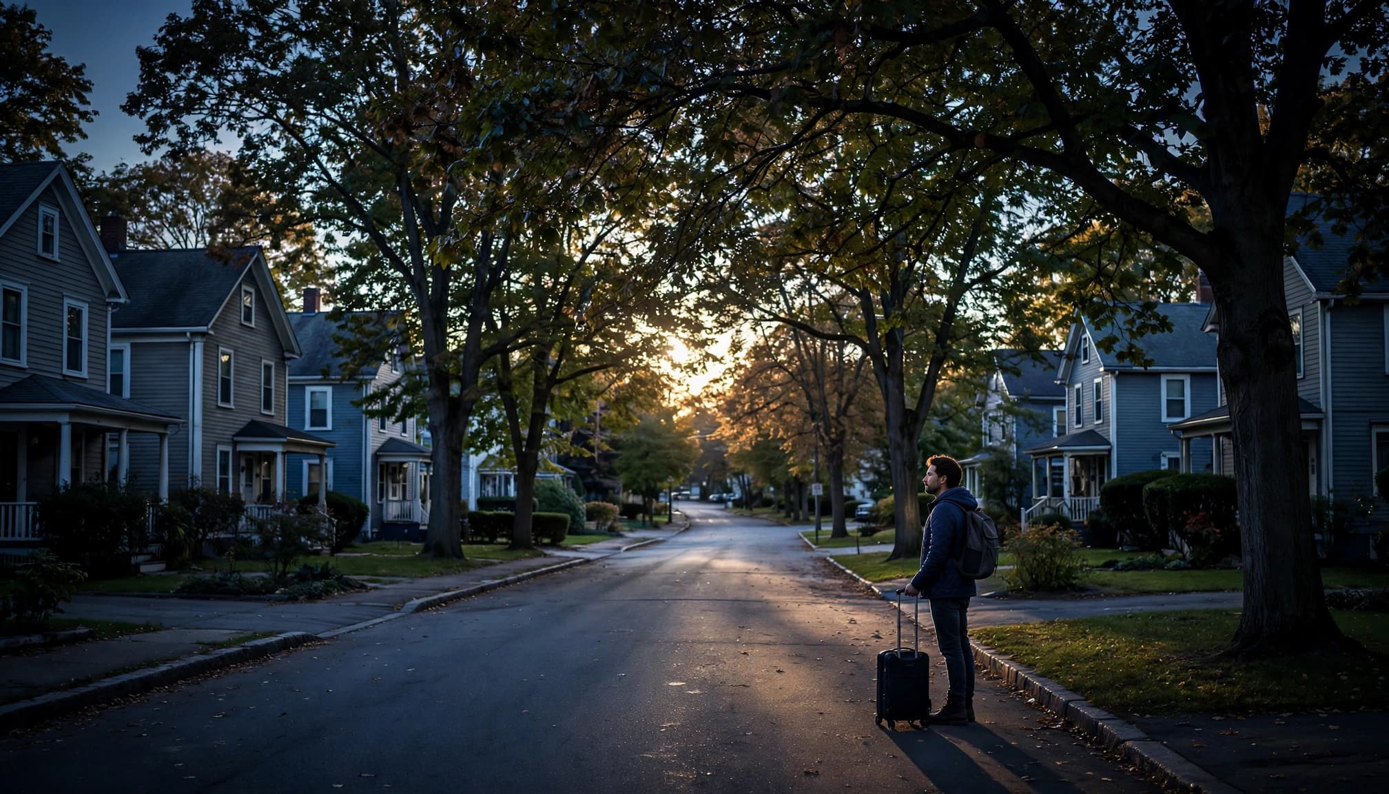 Traveler with a suitcase on a quiet tree-lined street near Boston.