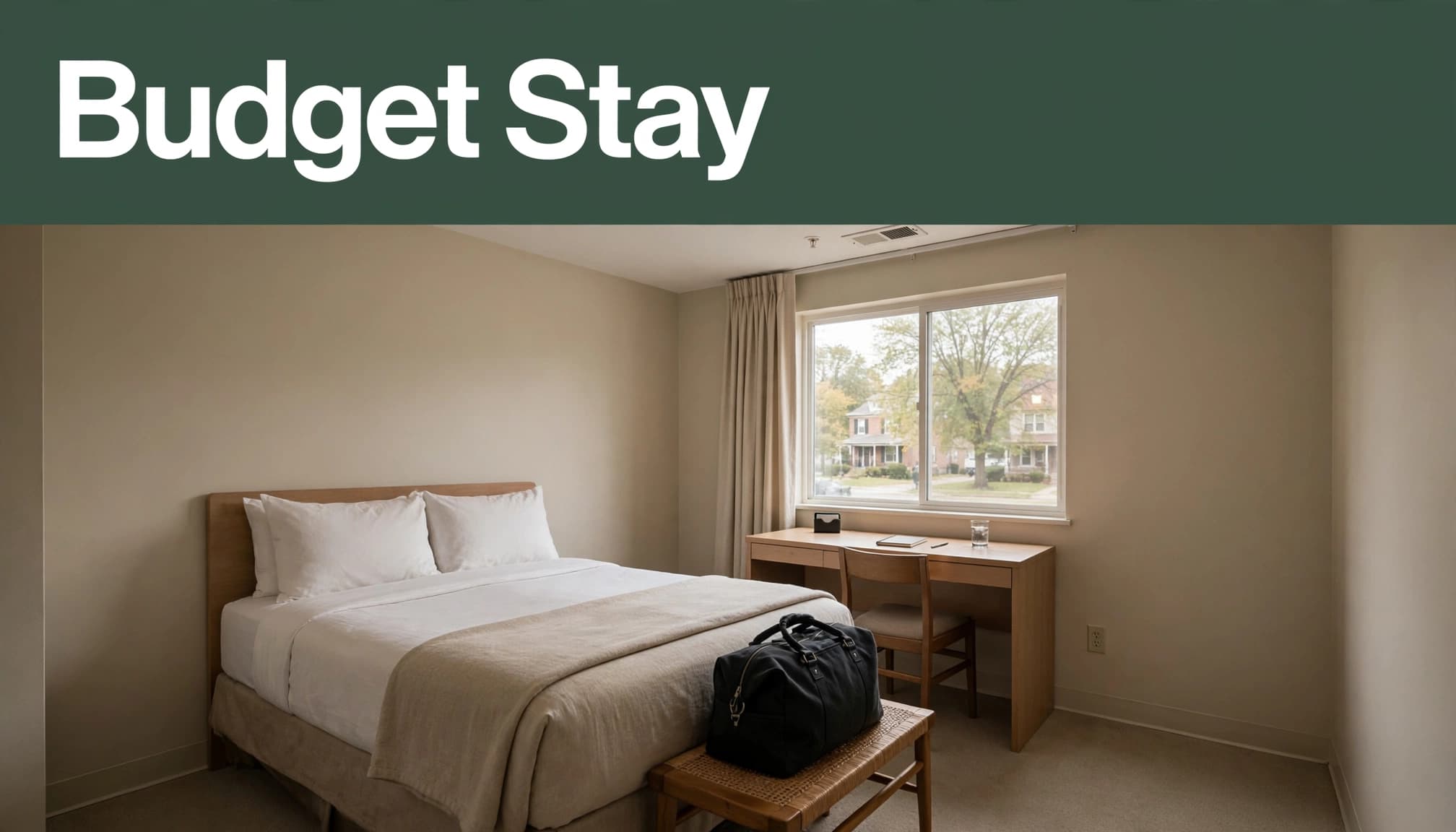 A modest hotel room with one bed, a desk, luggage bench, and travel bag.