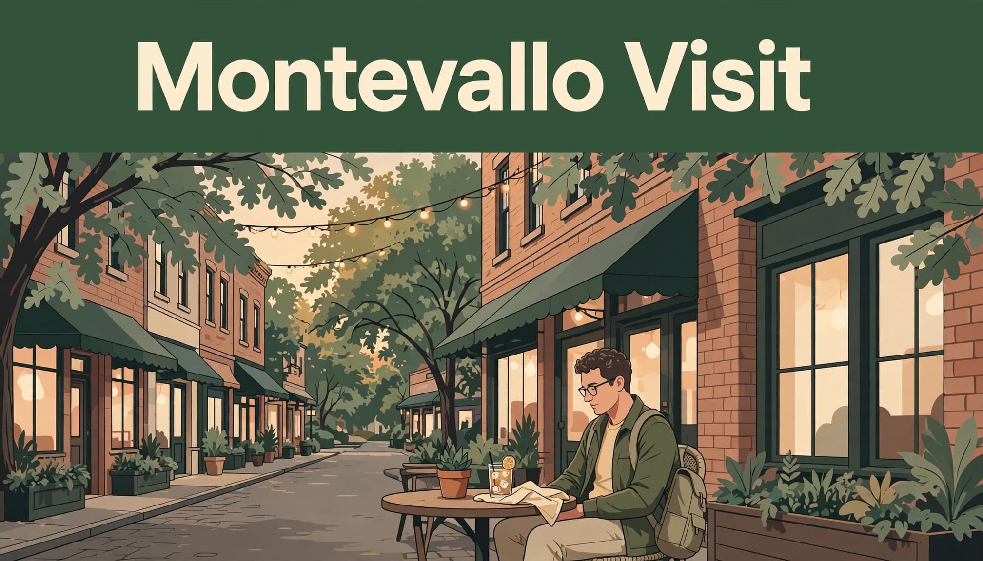A lone traveler sits at an outdoor table on a warm small-town street.