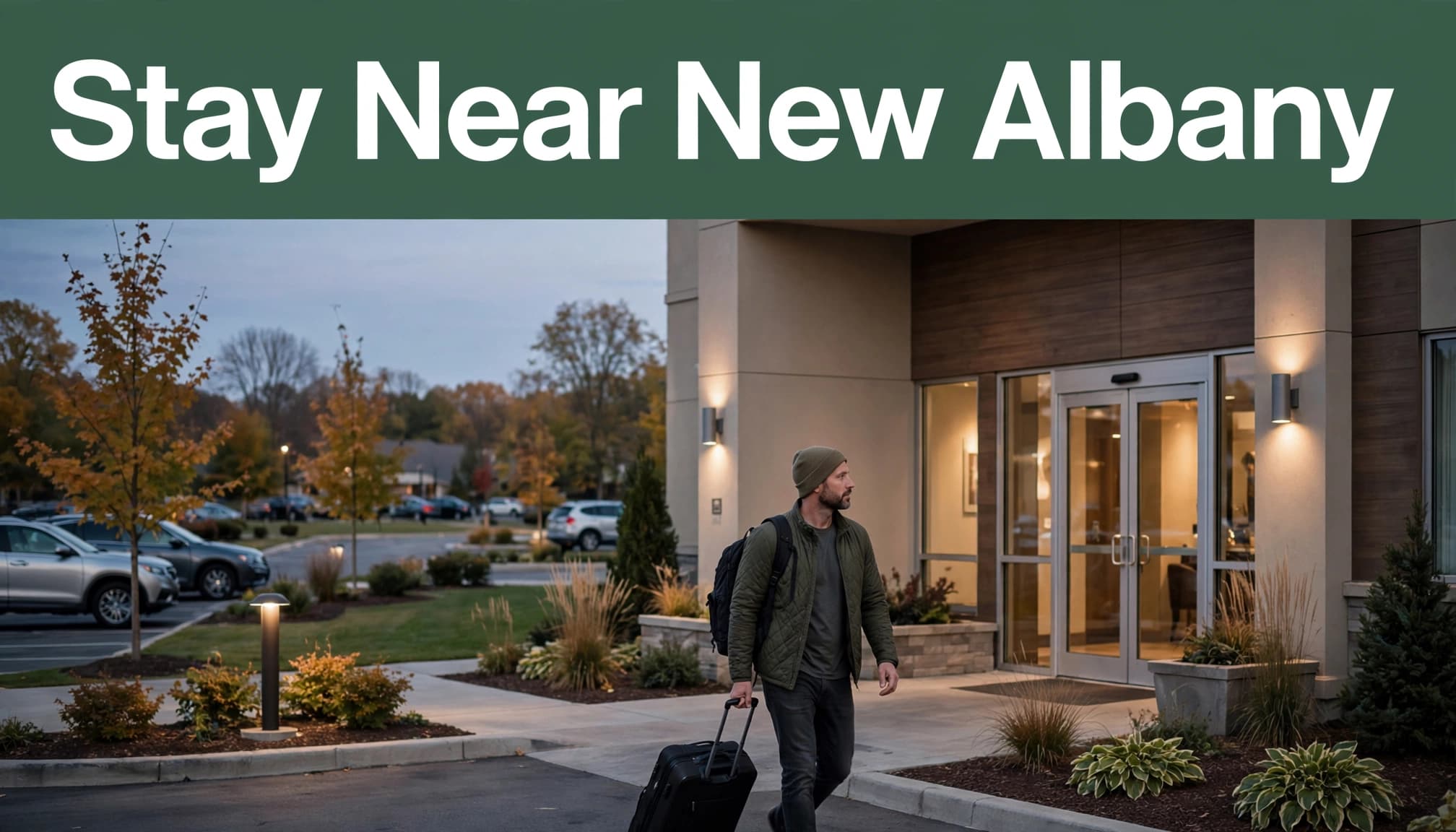 A traveler with a rolling suitcase approaches a suburban hotel entrance at dusk.