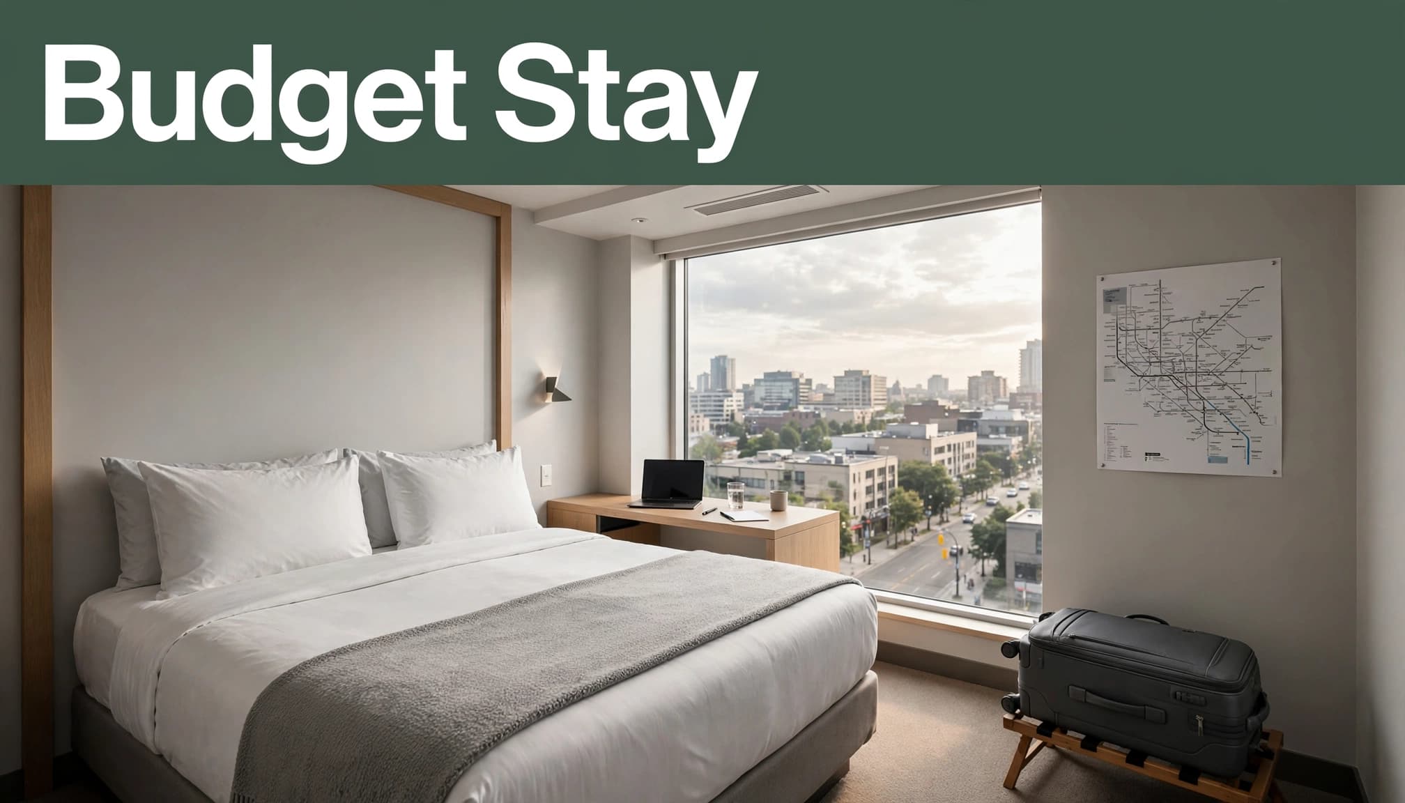 A bright hotel room with a double bed, desk, suitcase, and transit map.