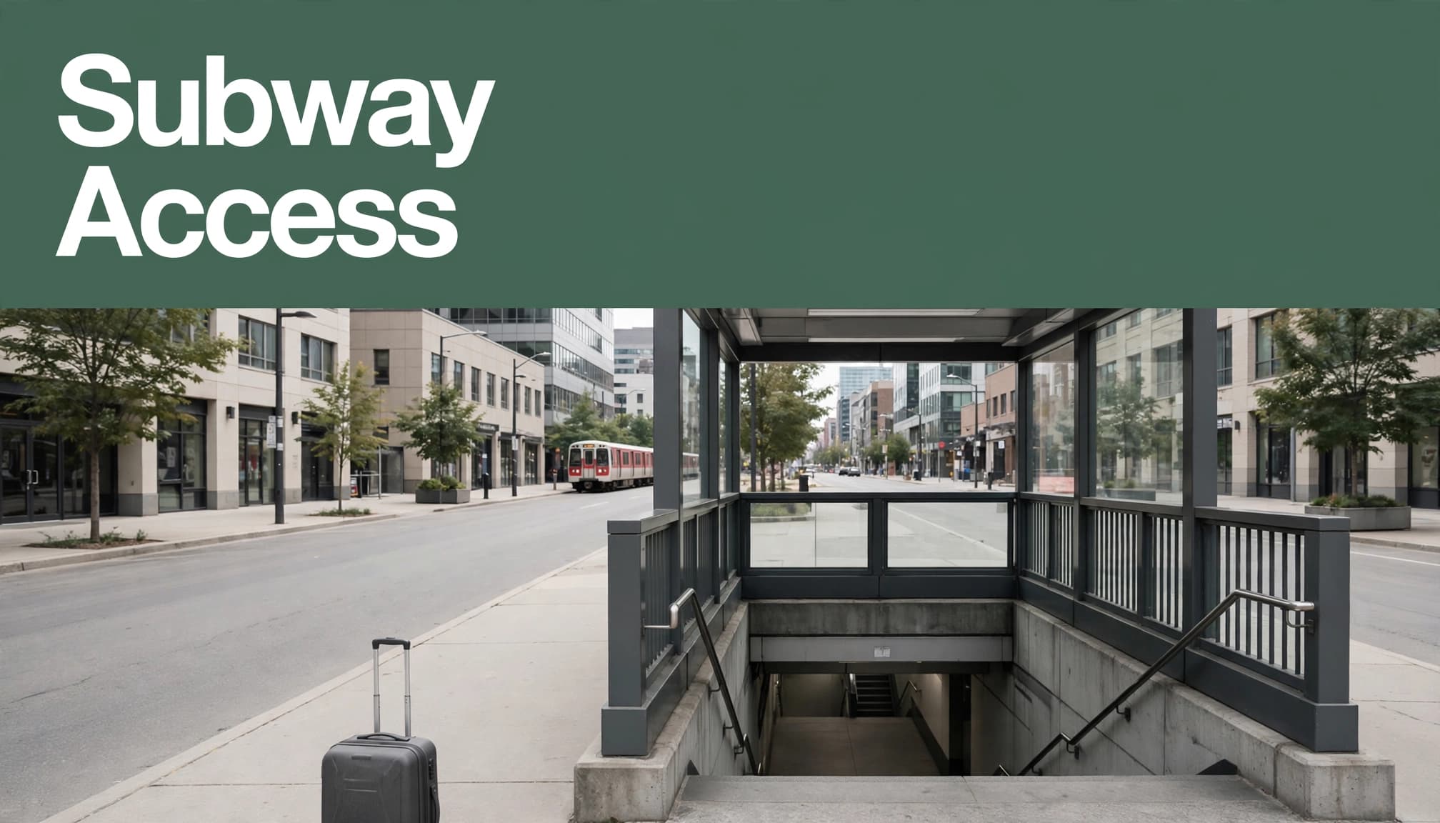 A subway entrance, distant red-and-white train, and rolling suitcase on Yonge Street.