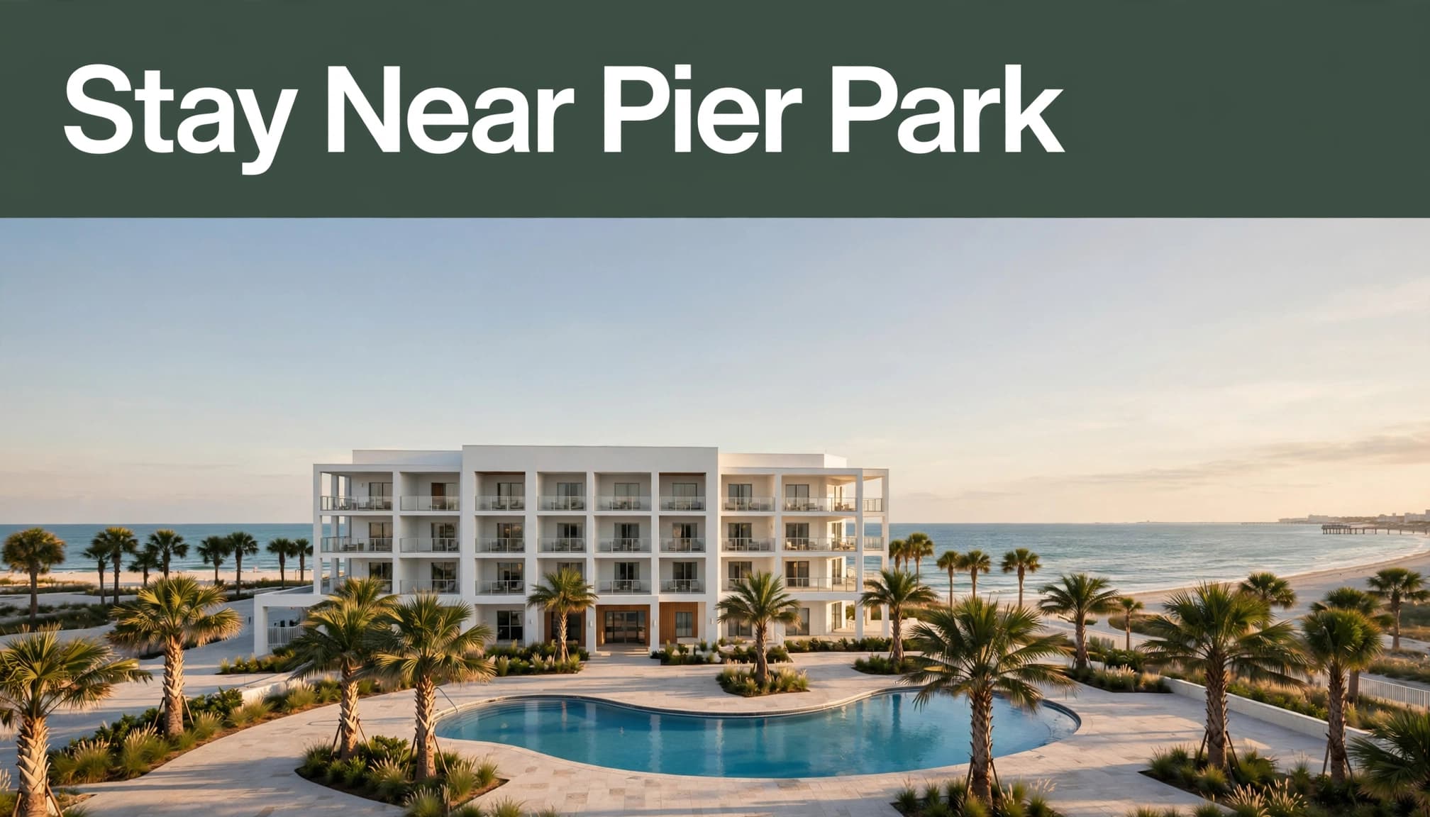 Beachfront hotel with a curved pool, palm trees, and Gulf shoreline near Pier Park.