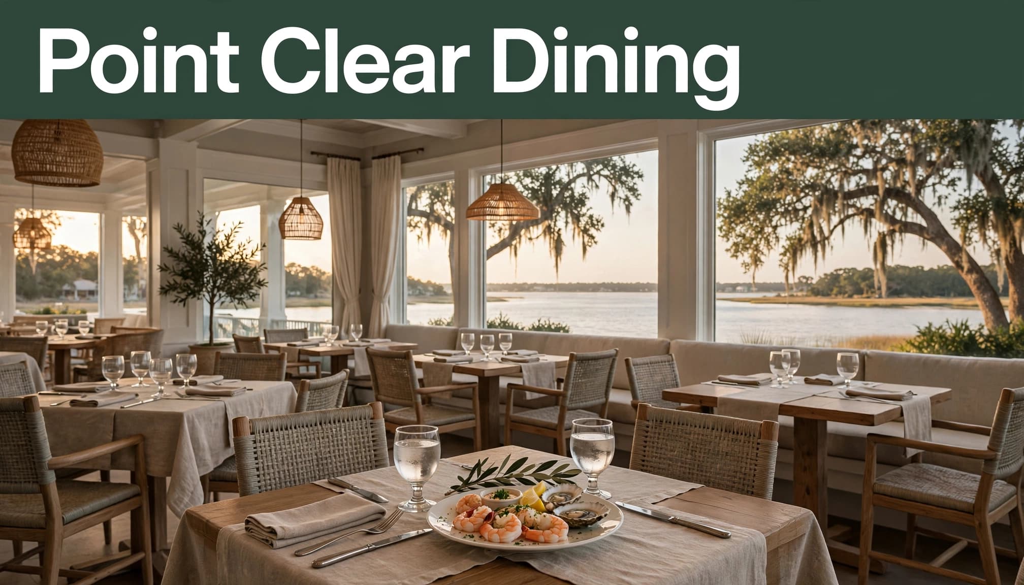 A seafood plate sits on a table beside windows overlooking Mobile Bay.