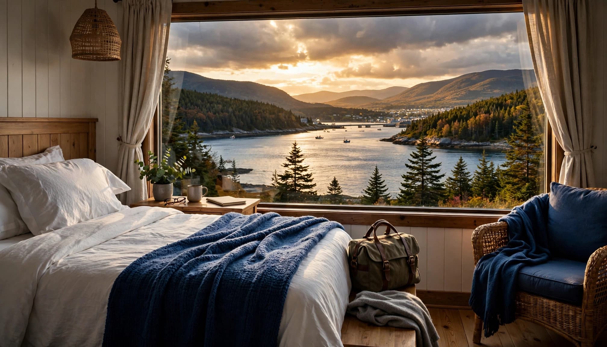 A comfortable guest room with a bed, travel bag, and coastal view through the window.
