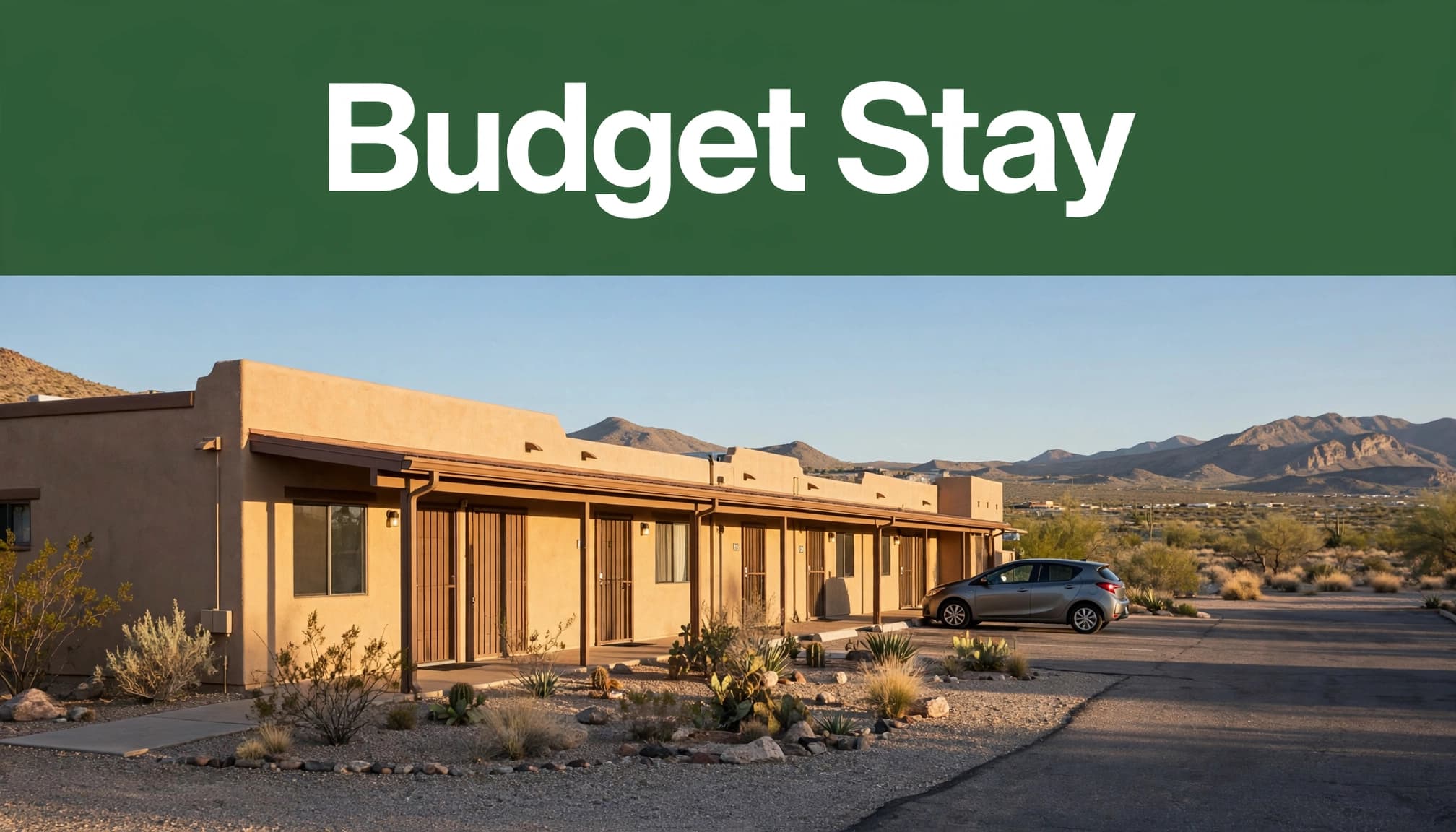A small motel with one parked car, mountains, and a green Budget Stay banner.