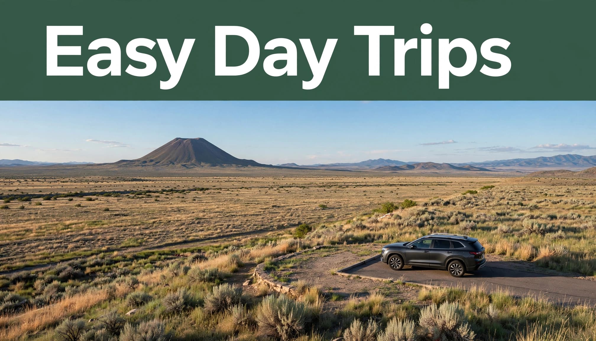 A parked SUV overlooks high-desert grassland and a distant volcanic cone near Raton, New Mexico.
