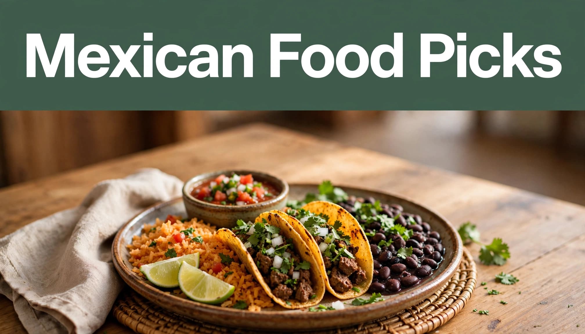 Colorful tacos, rice, beans, salsa, and lime on a restaurant table.