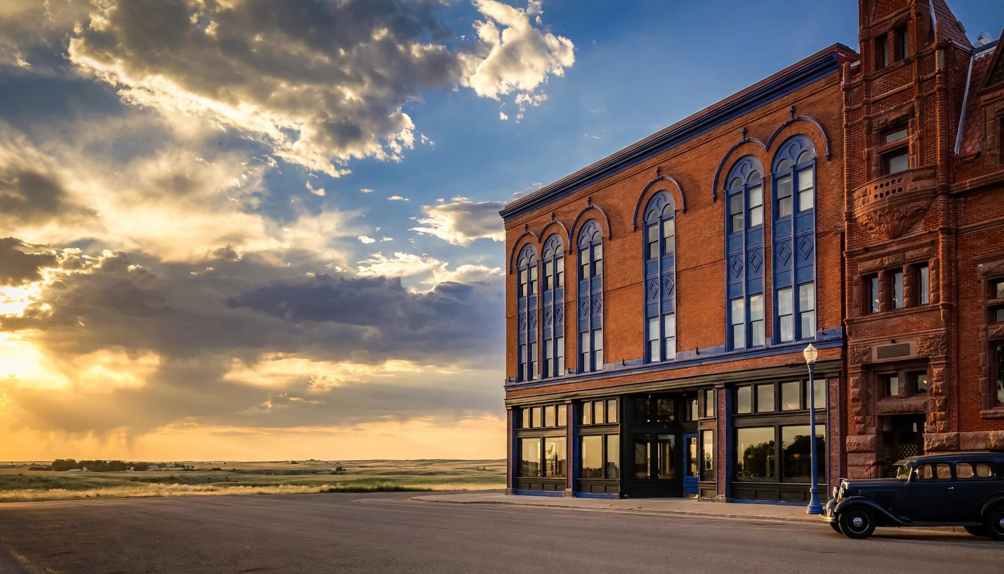 Brick inn and vintage car beneath a wide Nebraska sky.