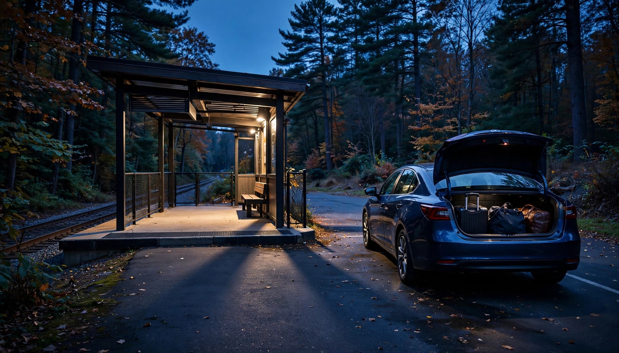 A rental car with luggage parked beside a wooded commuter rail station at dusk.