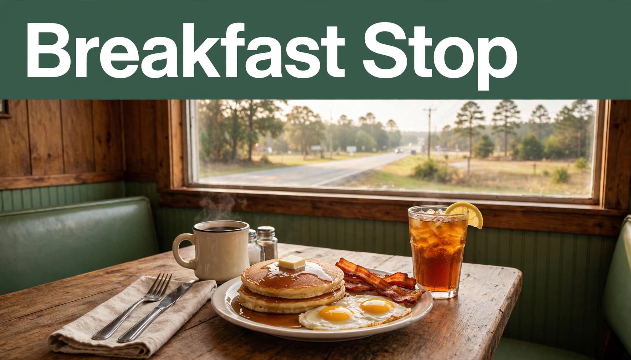 Breakfast with pancakes, eggs, bacon, coffee, and iced tea in a roadside diner.