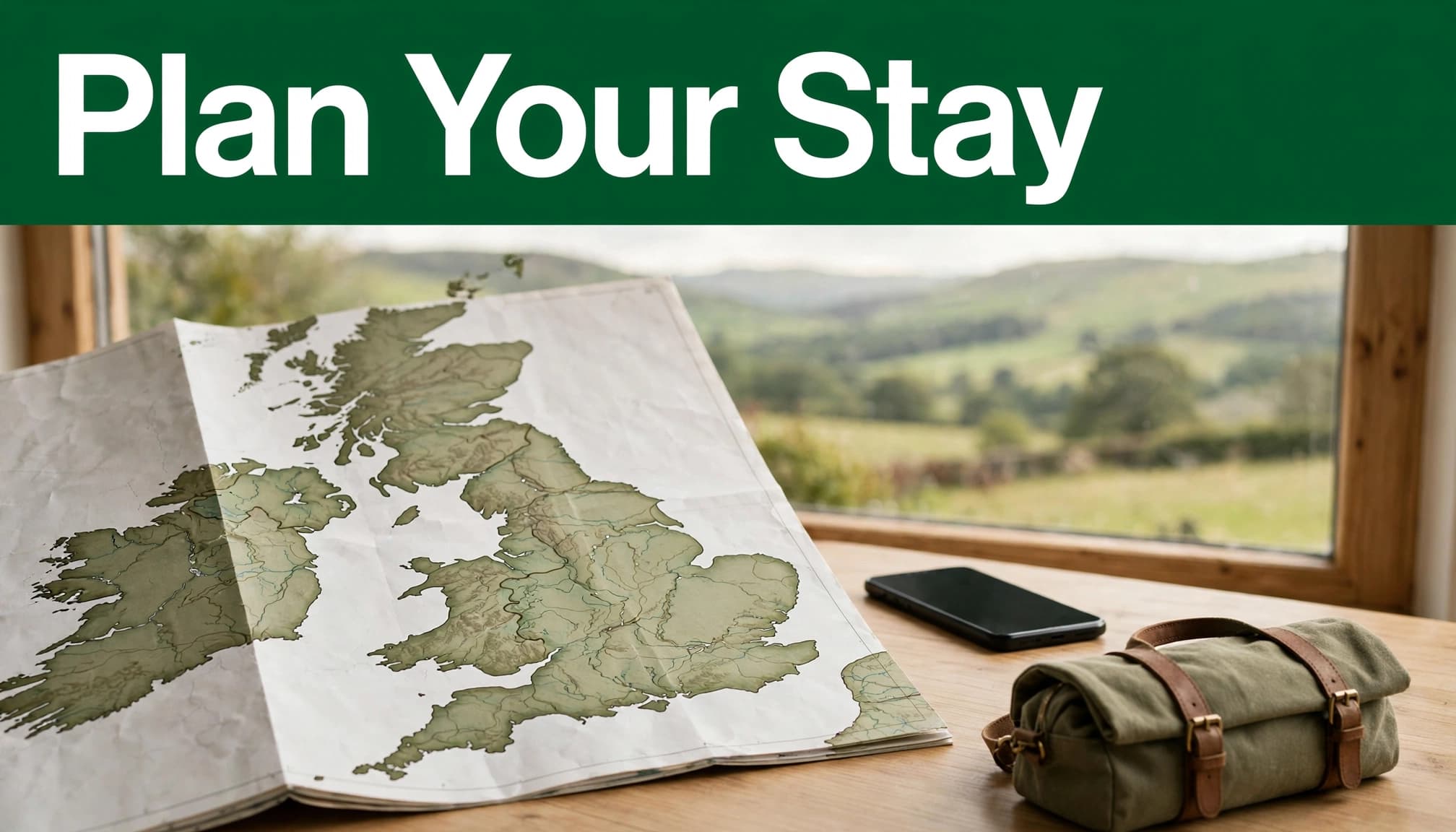 An open map, smartphone, and overnight bag sit on a table overlooking green hills.