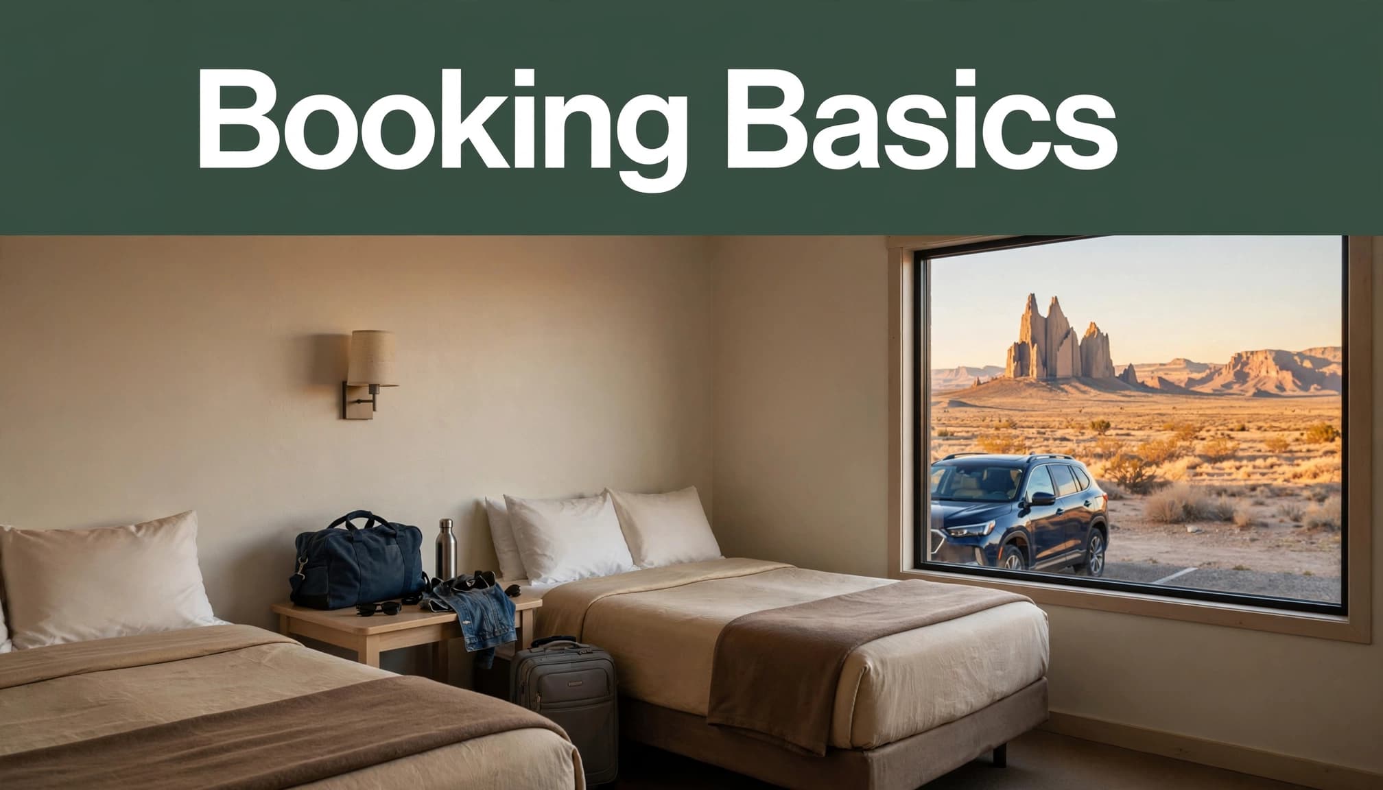 A motel room with two beds, bags, parking, and desert views.