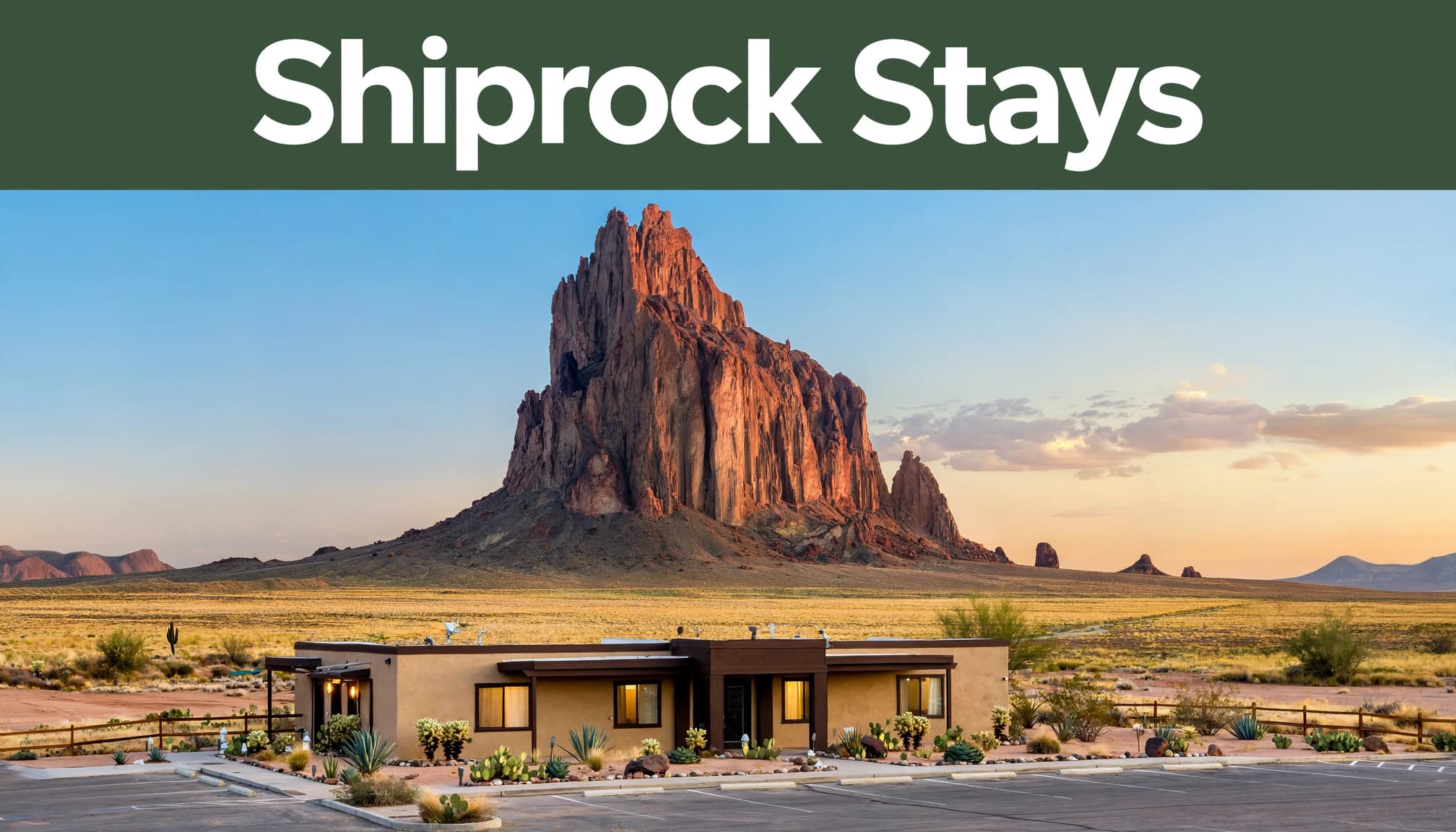 Shiprock behind a roadside lodging building in the New Mexico desert.