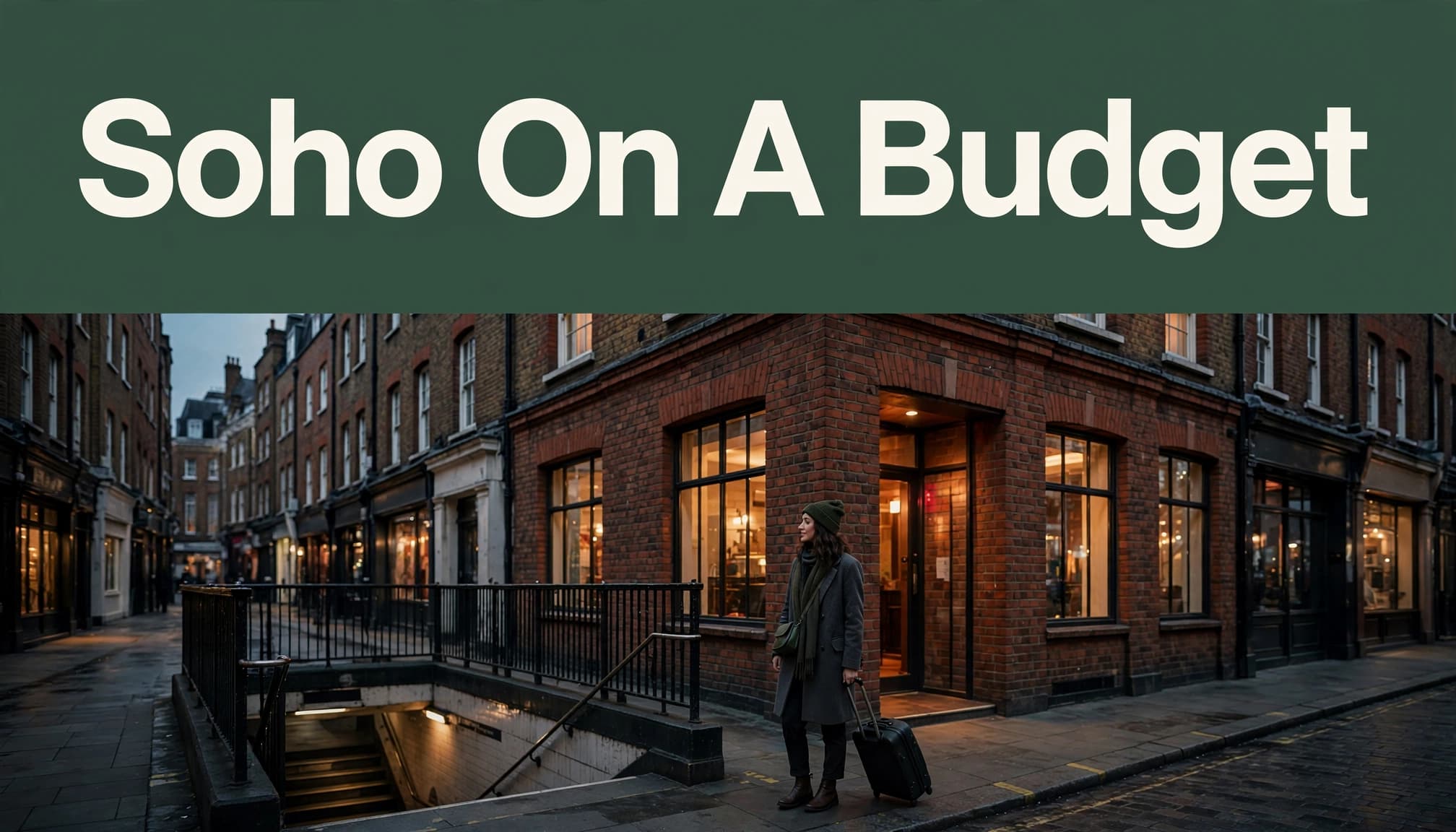 A traveler with a suitcase outside a small Soho hotel at dusk.