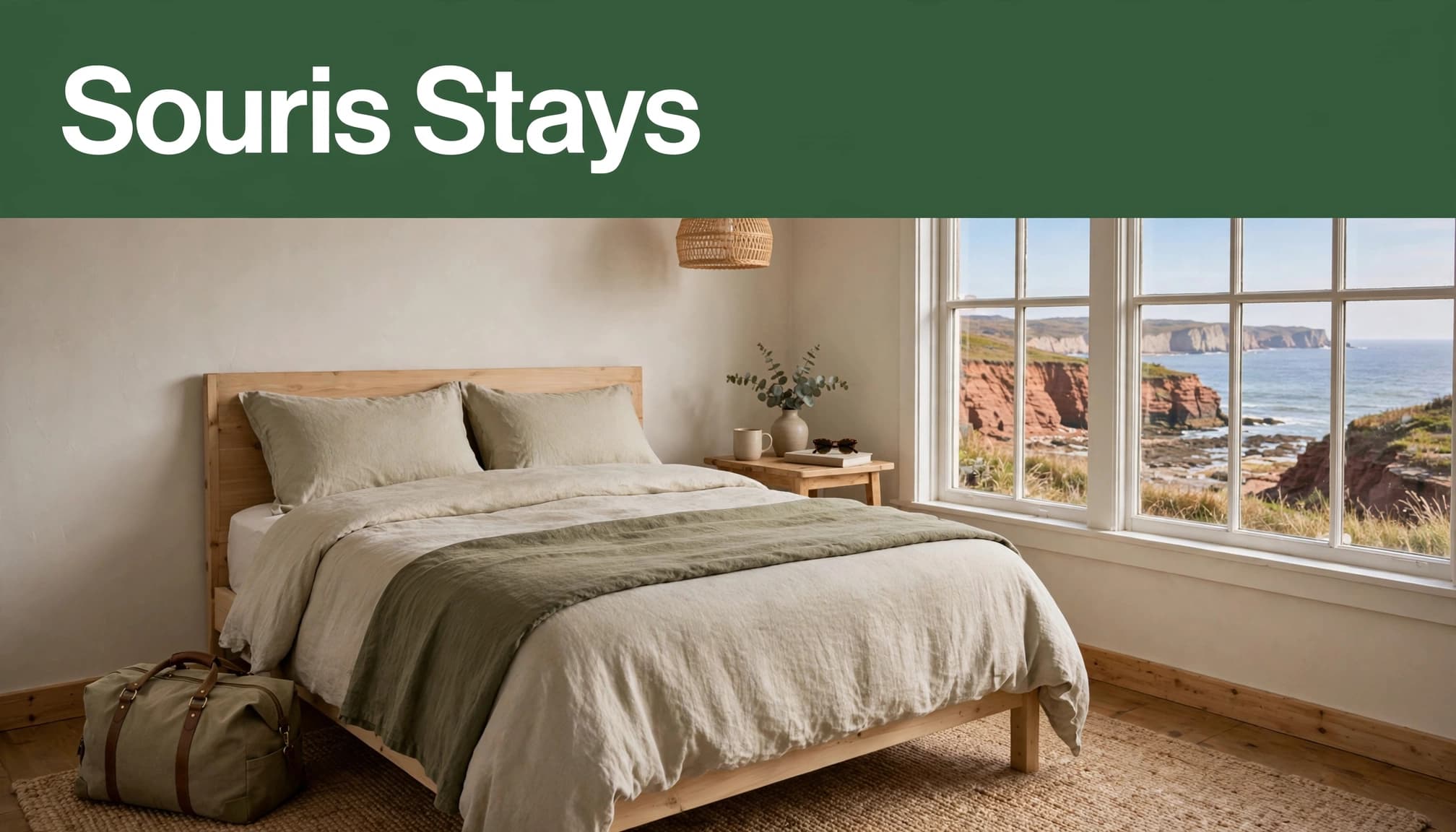 A tidy inn room with a queen bed, travel bag, and ocean view.