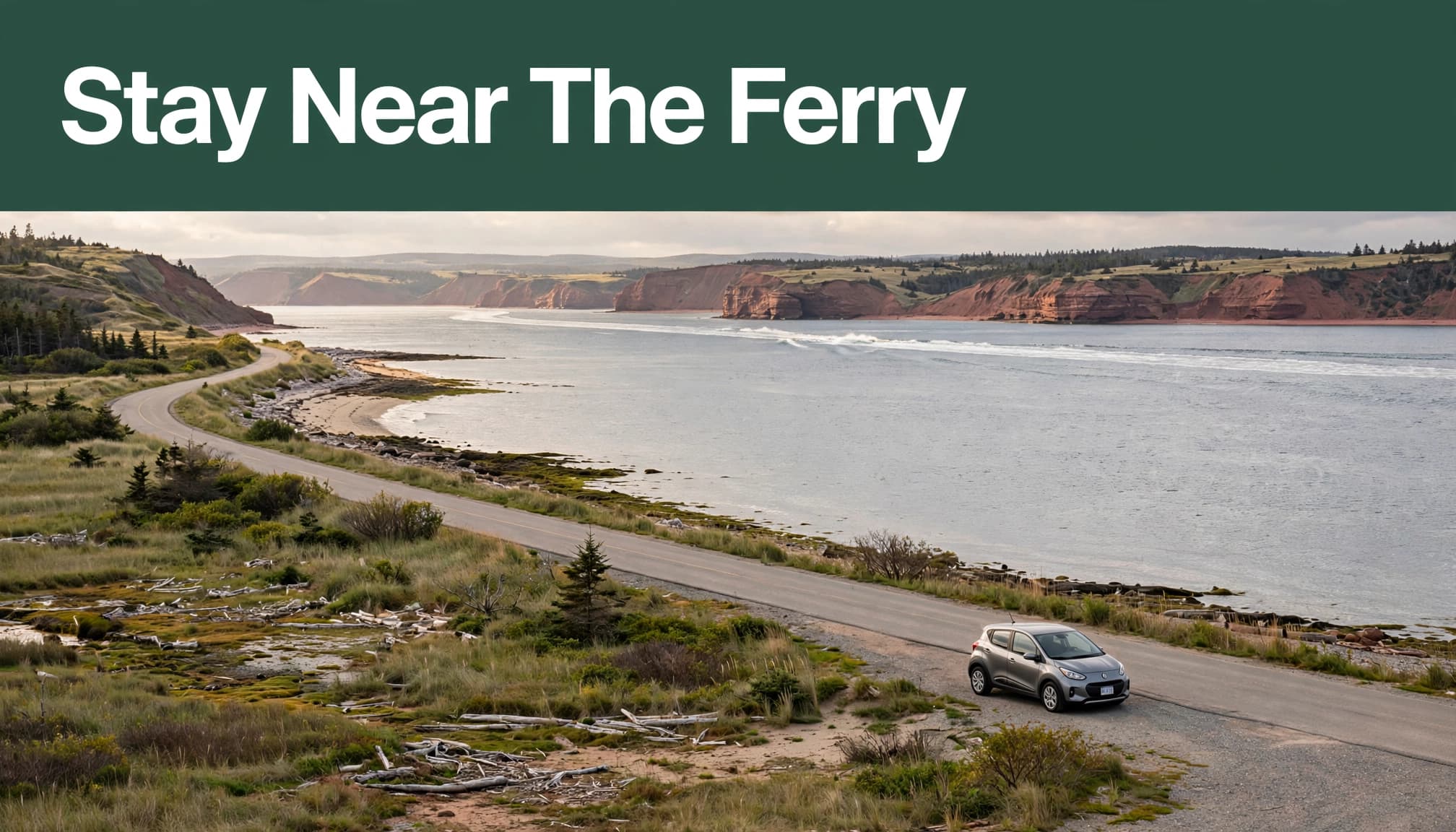 A rental car beside a coastal road with red cliffs and a distant ferry wake.