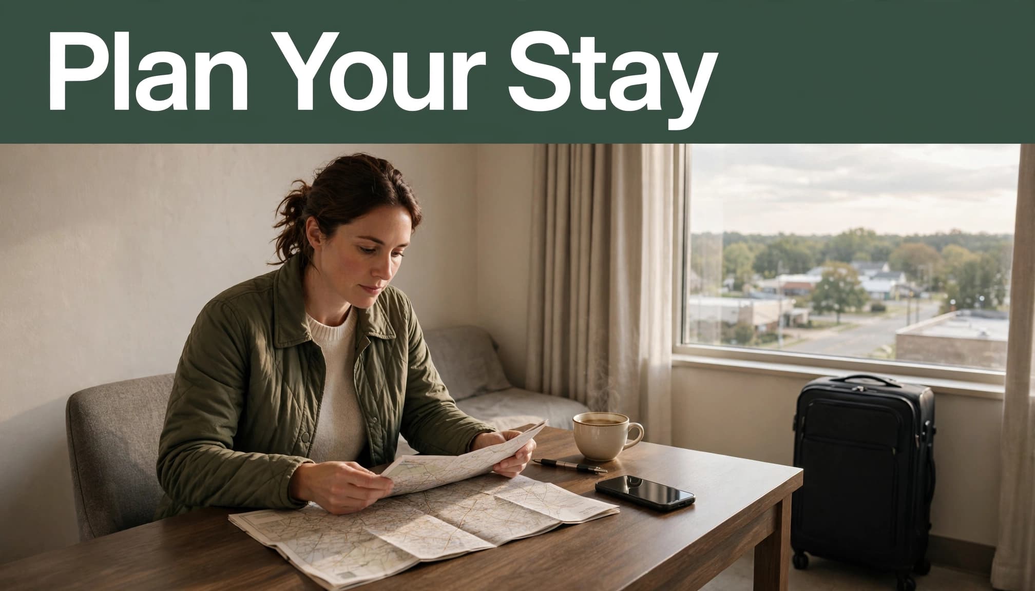 Traveler planning a Southern Indiana stay with a map and phone on a hotel desk.