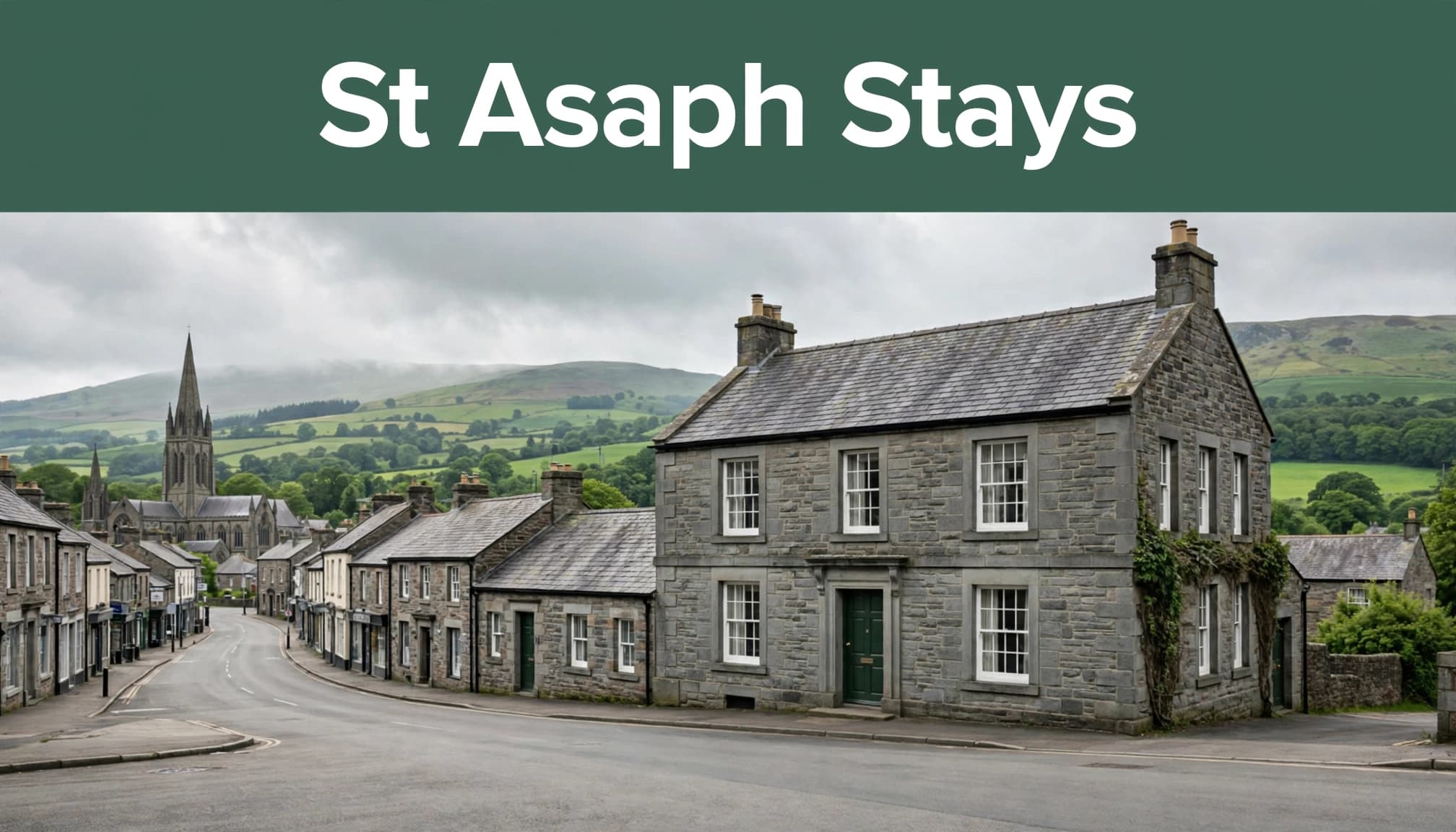 Historic stone hotel in St Asaph with green hills and cathedral surroundings.