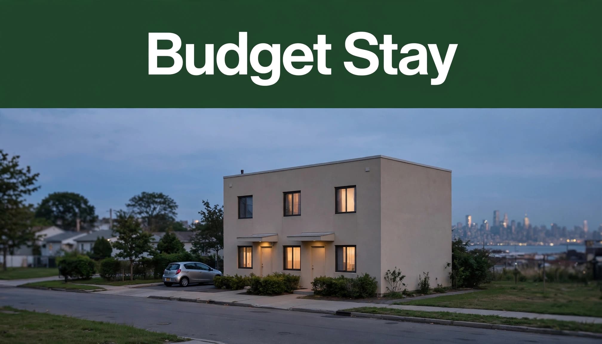 A modest hotel and compact car on a quiet Staten Island street at dusk.