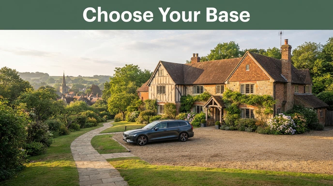 A countryside hotel near Horsham with a parked car and village footpath.