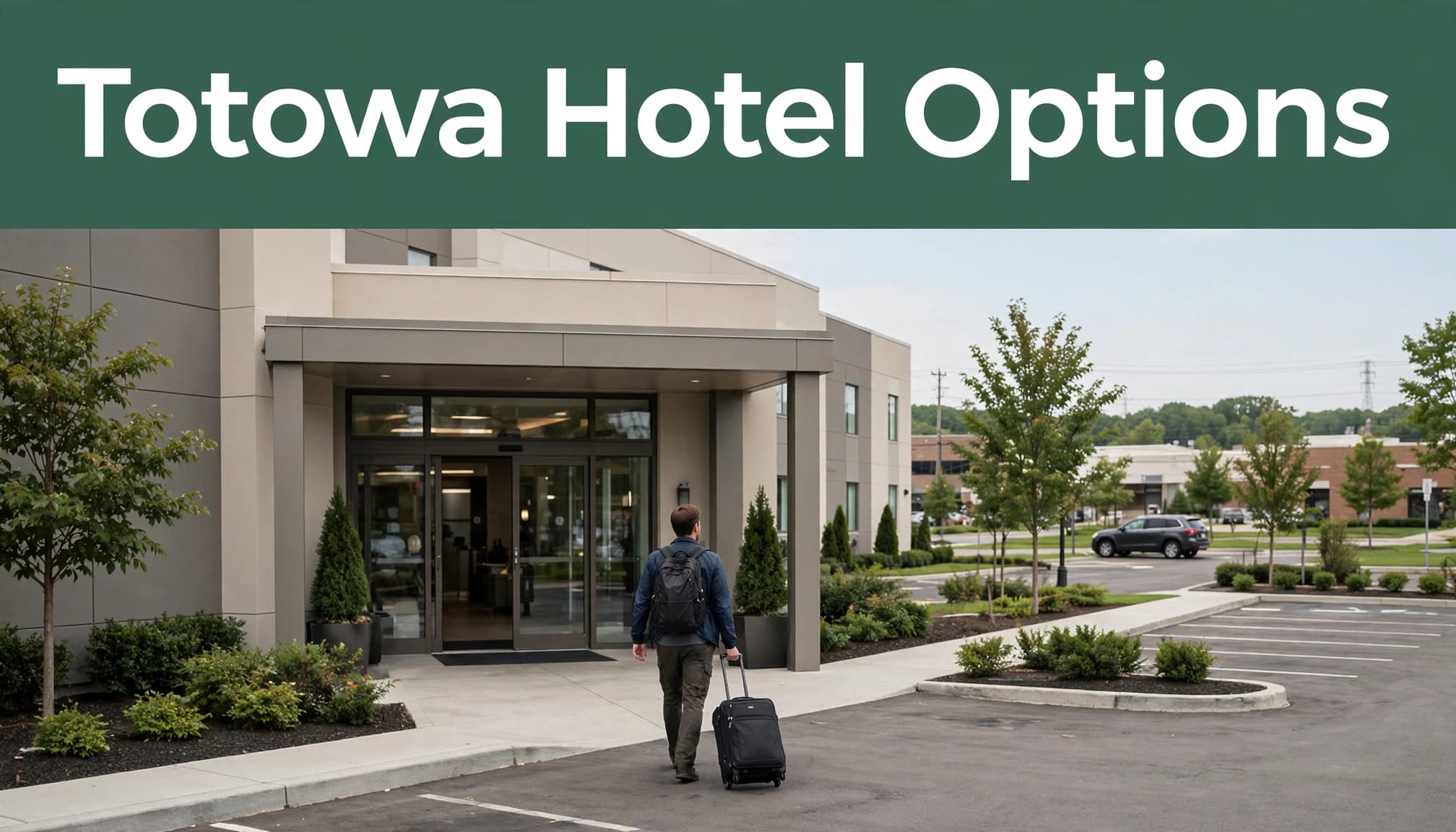 A traveler with a suitcase approaches a suburban hotel entrance in Totowa.