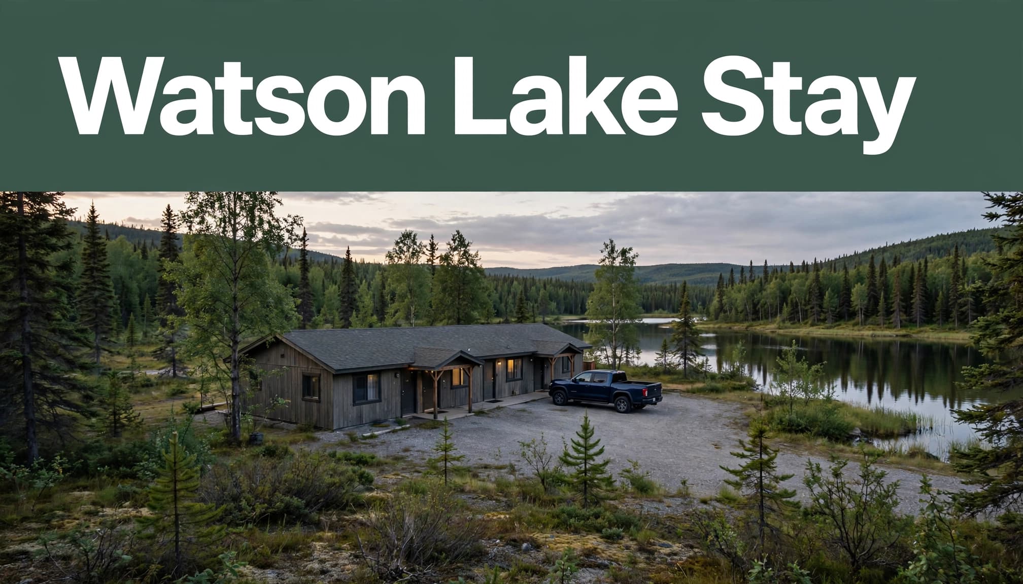 A small roadside motel and pickup truck beside a forested northern lake.