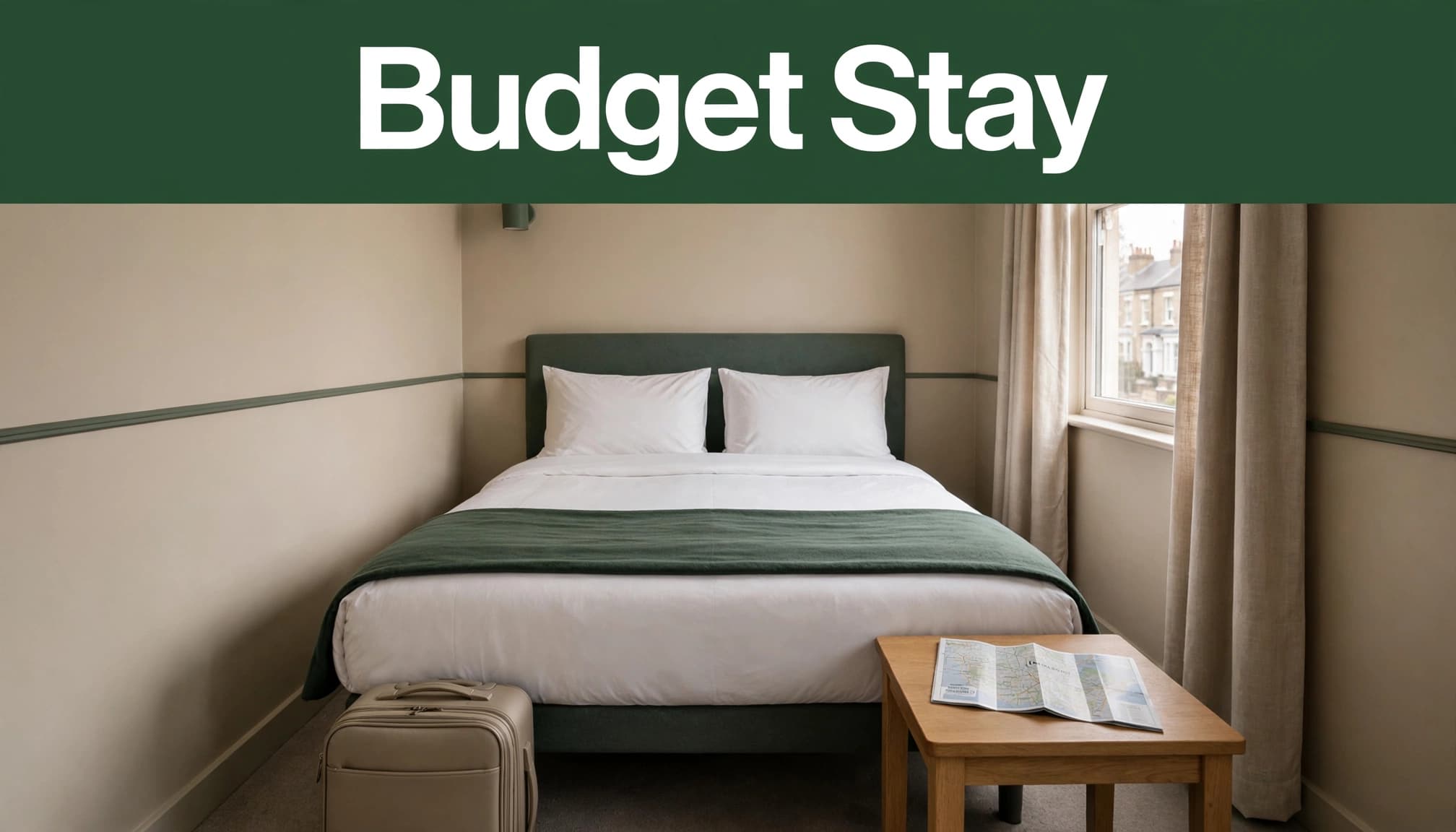 A compact hotel room with one made bed, a suitcase, and a travel map.