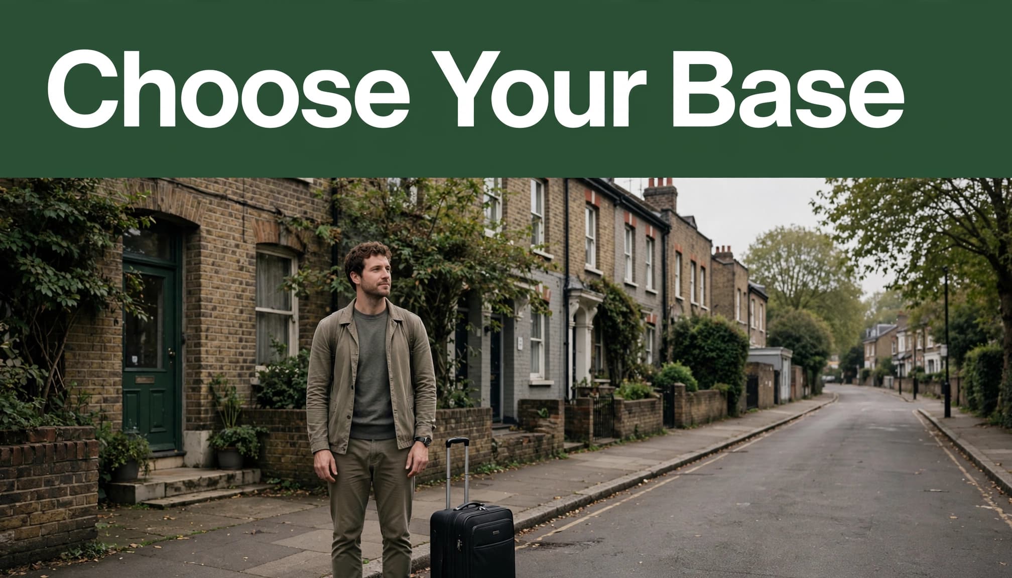 A traveler stands beside a suitcase on a leafy London street beneath a green travel banner.