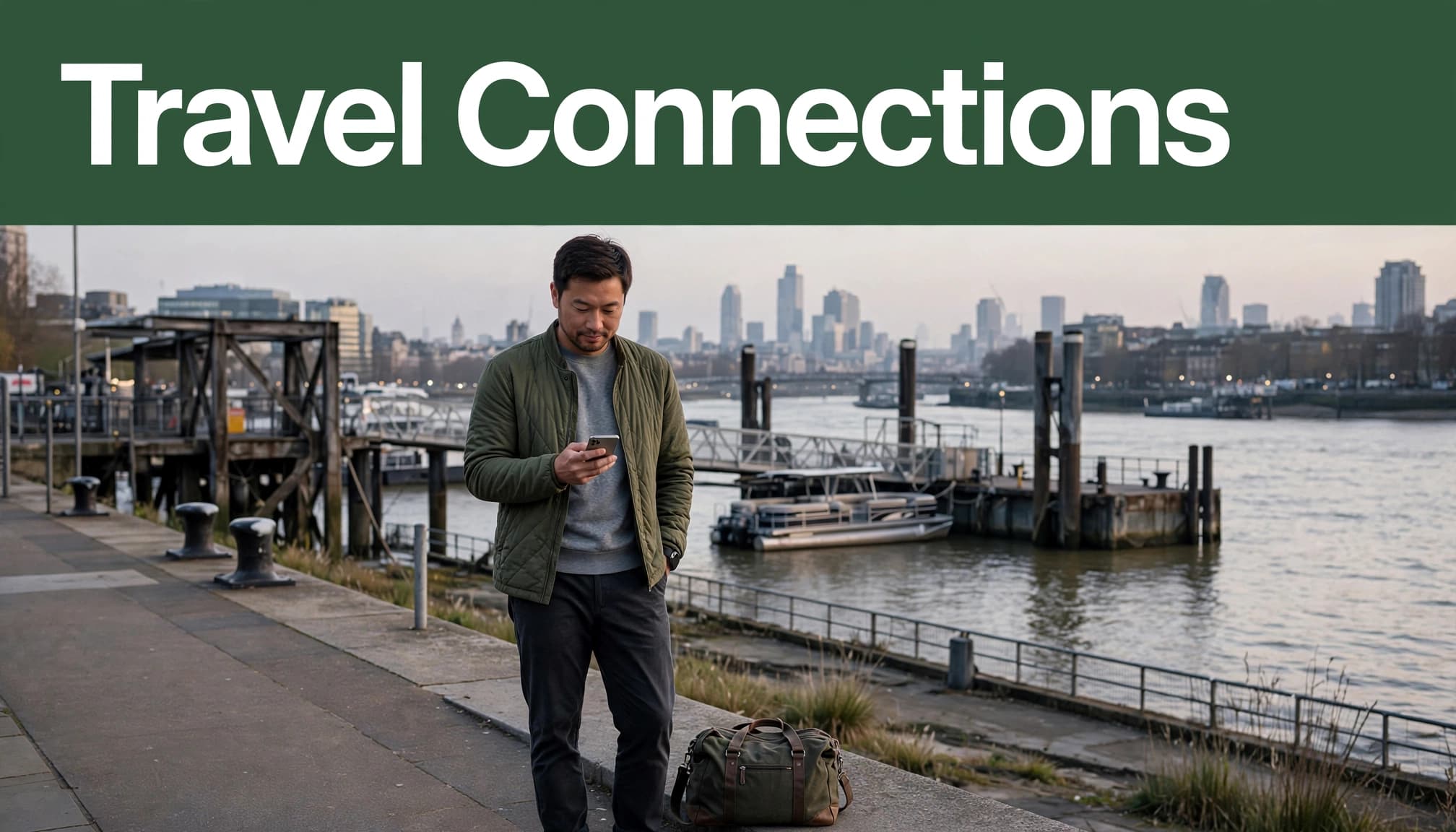 A traveler checks a map on a phone beside the Thames with a bag nearby.