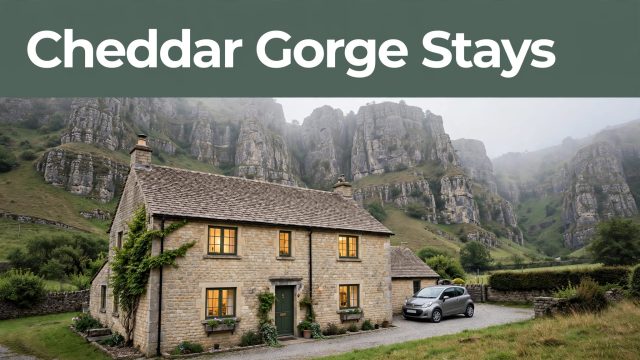 A stone guesthouse with warm windows and Cheddar Gorge cliffs behind it.
